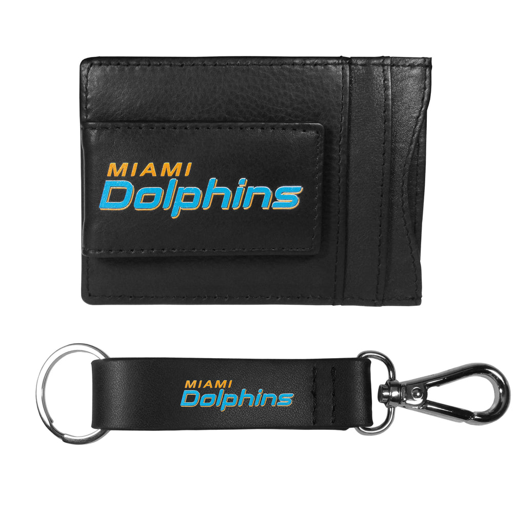 Miami Dolphins Leather Cash & Cardholder & Strap Key Chain - Miami Dolphins