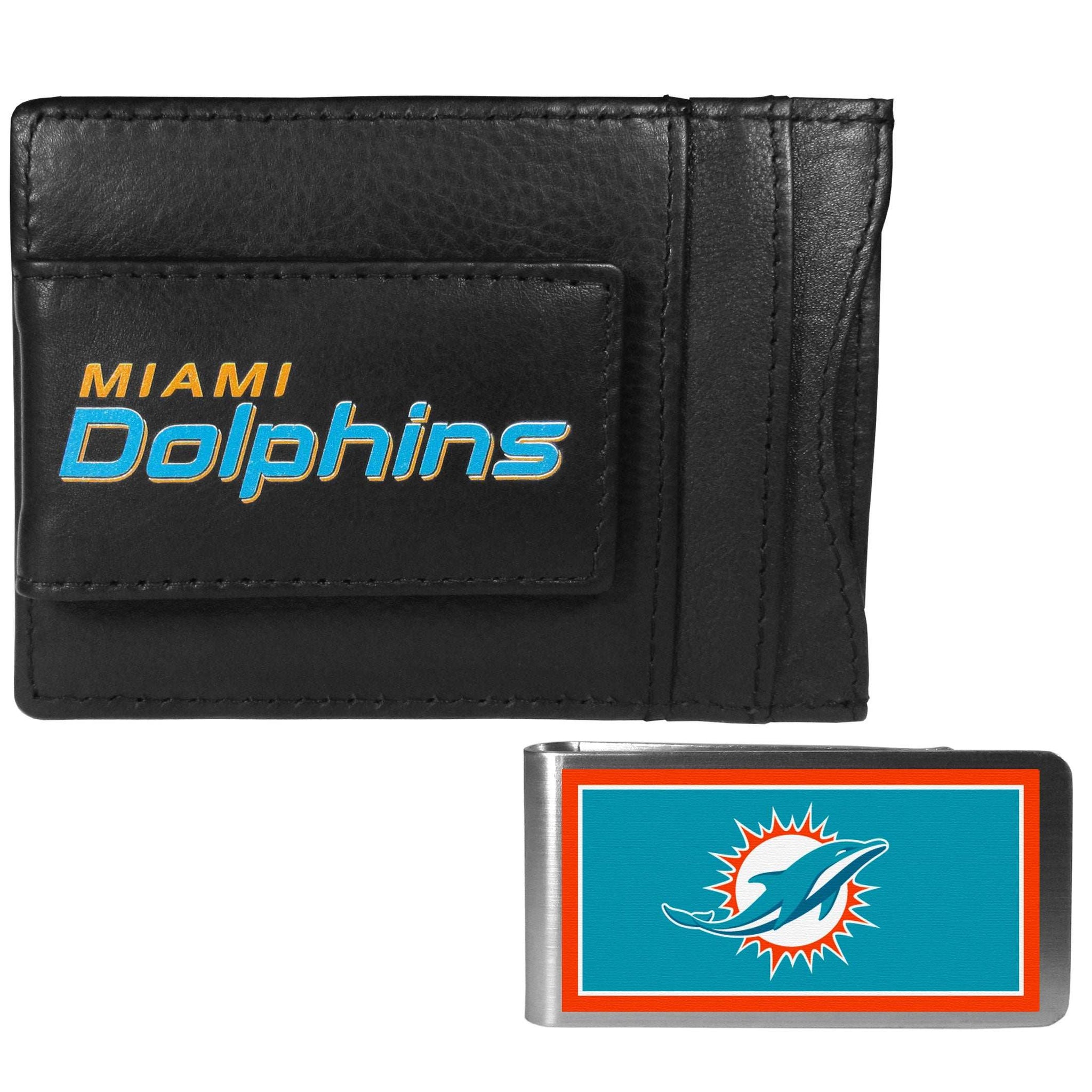 Miami Dolphins Leather Cash & Cardholder & Color Money Clip - Miami Dolphins - Flyclothing LLC