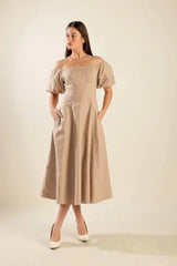 PROTECTING MY PEACE TAUPE WOVEN MIDI DRESS - Flying Tomato - Flyclothing LLC