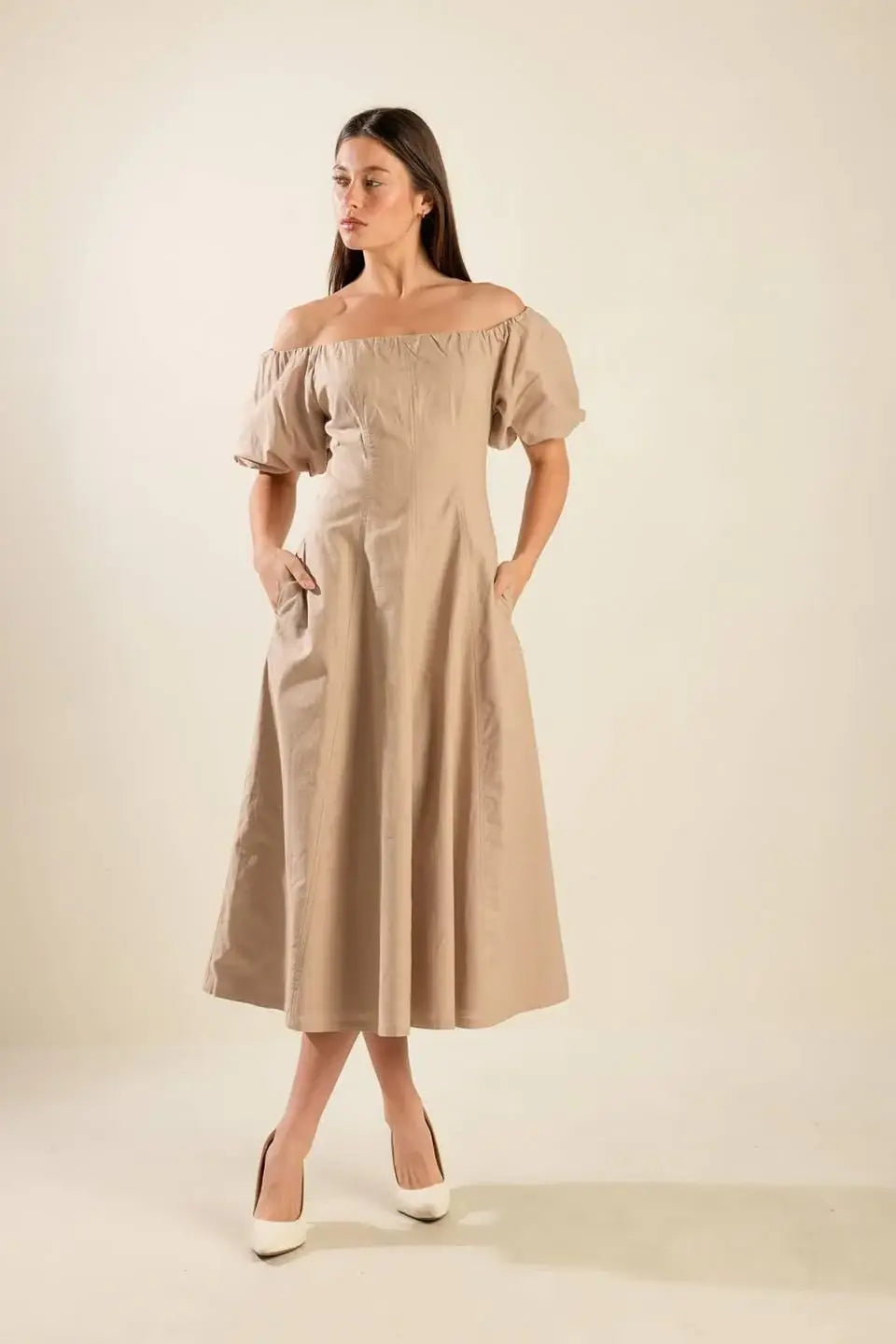 PROTECTING MY PEACE TAUPE WOVEN MIDI DRESS - Flying Tomato - Flyclothing LLC