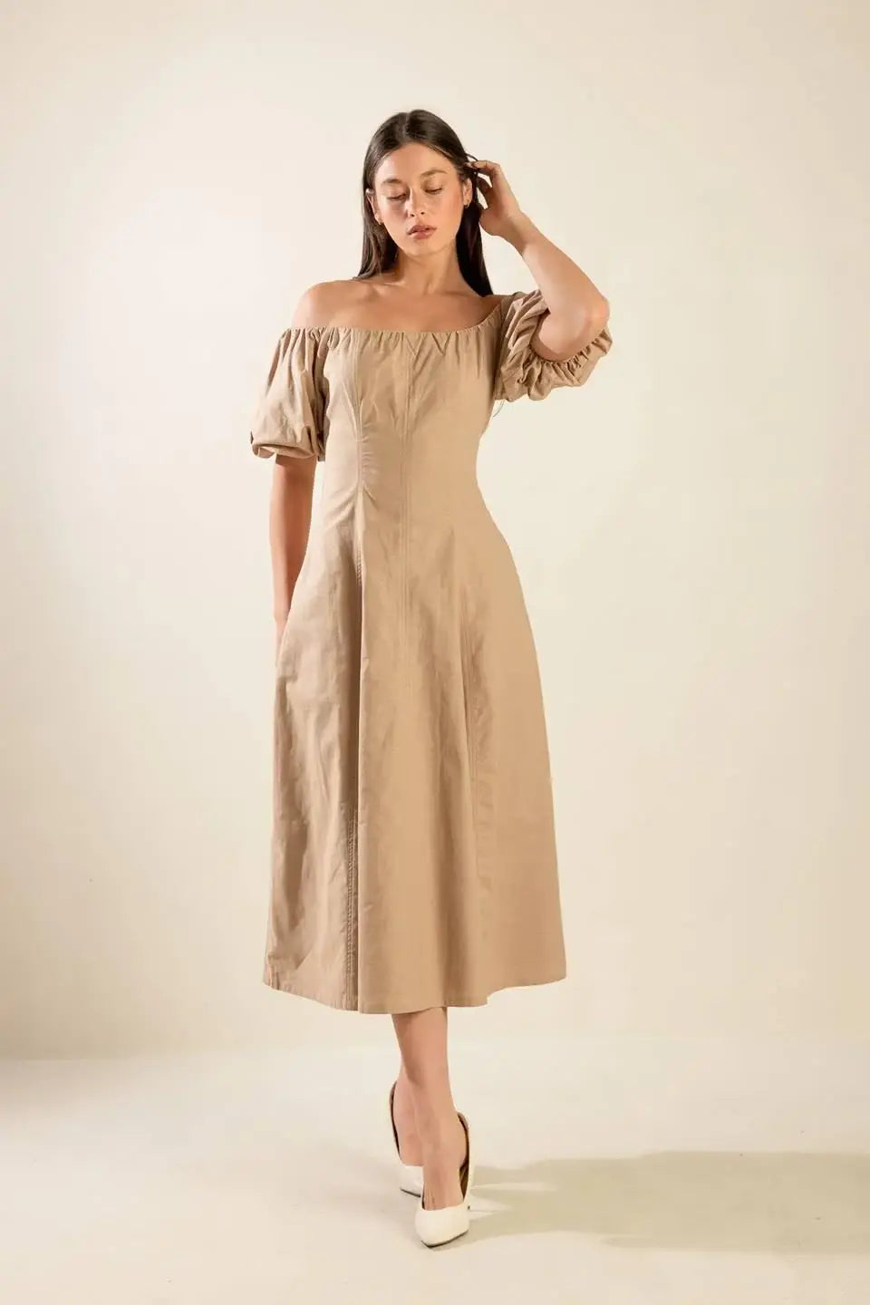 PROTECTING MY PEACE TAUPE WOVEN MIDI DRESS - Flying Tomato - Flyclothing LLC