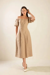 PROTECTING MY PEACE TAUPE WOVEN MIDI DRESS - Flying Tomato - Flyclothing LLC