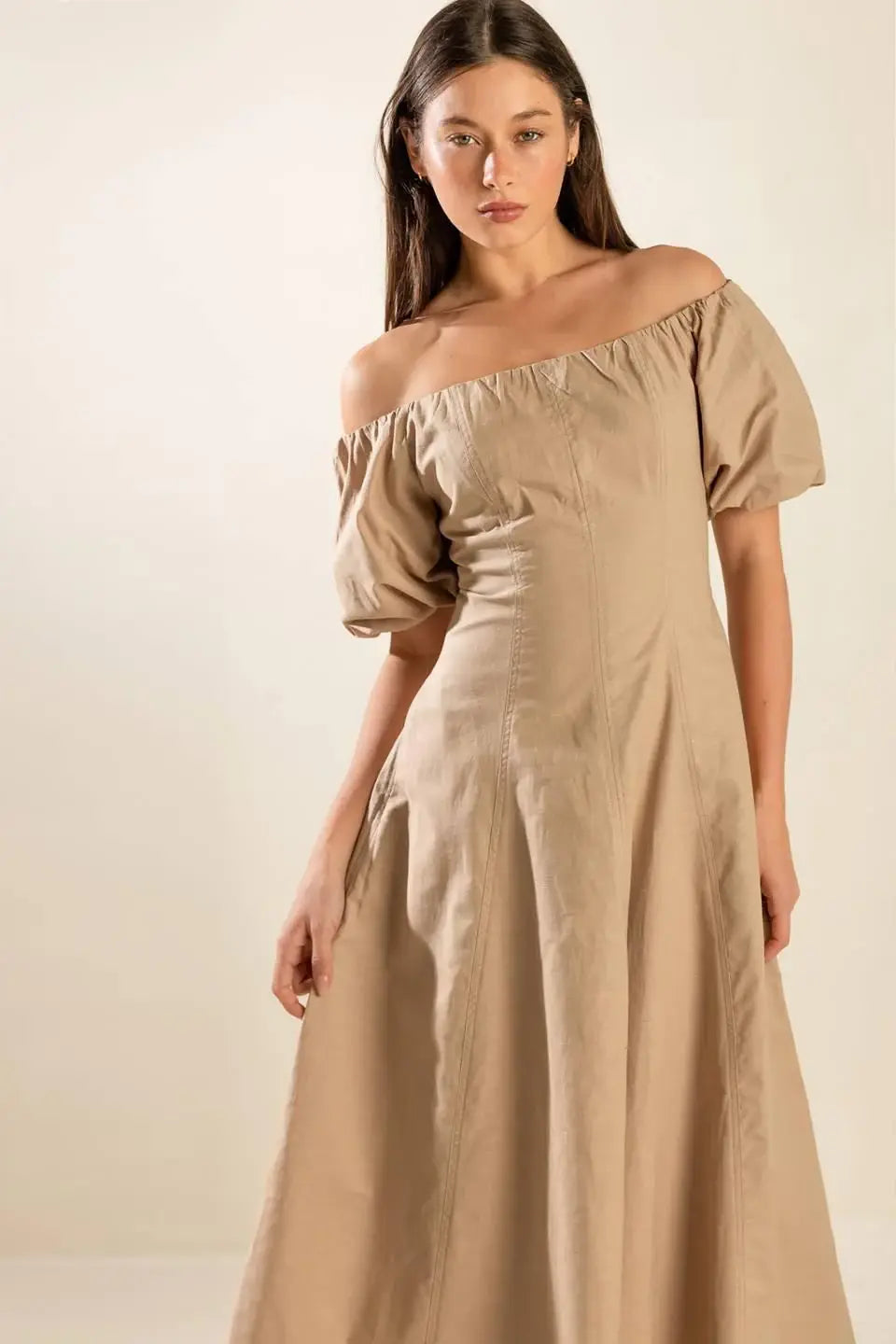 PROTECTING MY PEACE TAUPE WOVEN MIDI DRESS - Flying Tomato - Flyclothing LLC