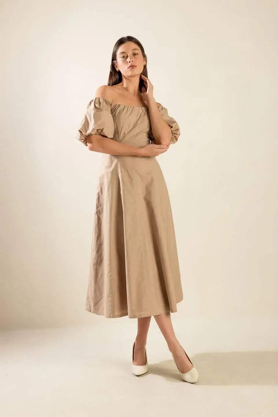 PROTECTING MY PEACE TAUPE WOVEN MIDI DRESS - Flying Tomato - Flyclothing LLC