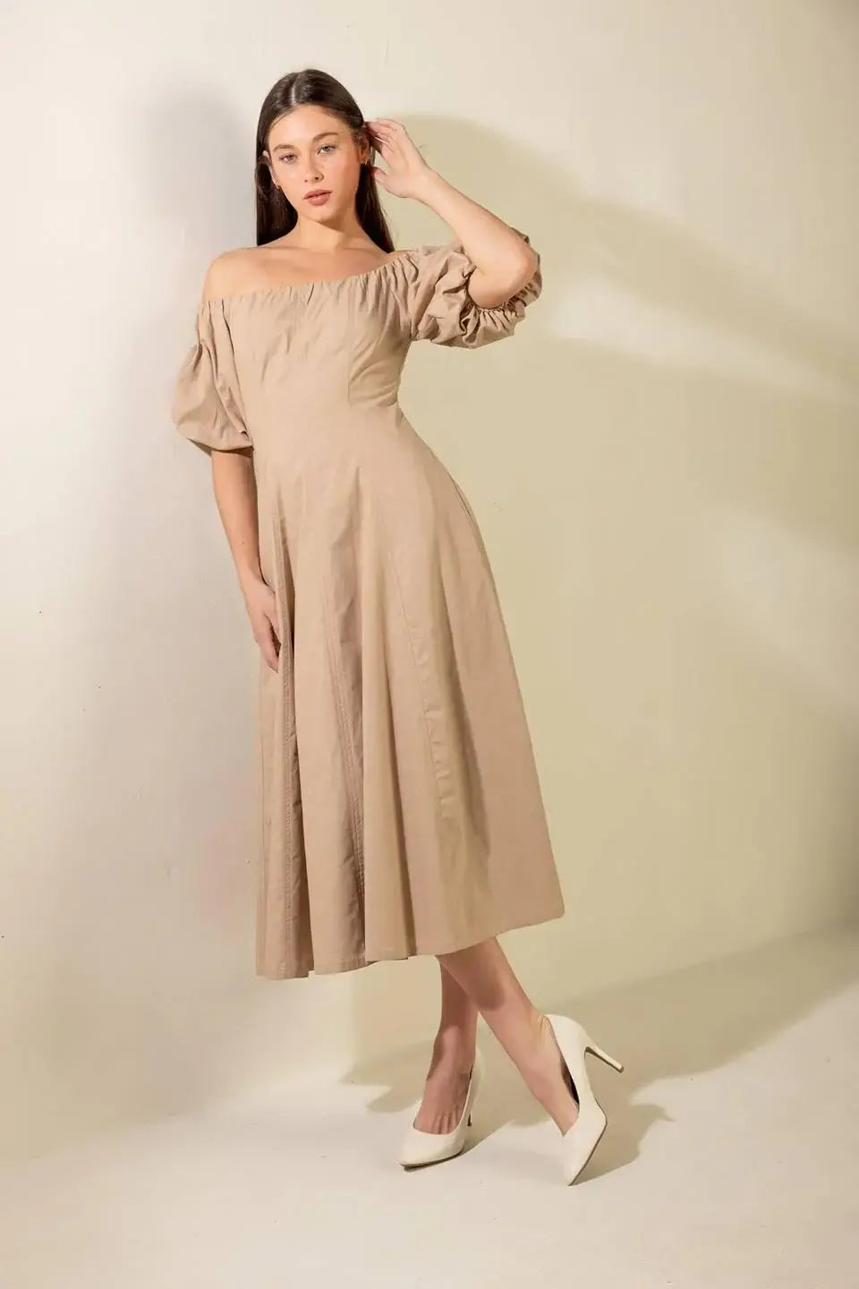 PROTECTING MY PEACE TAUPE WOVEN MIDI DRESS - Flying Tomato - Flyclothing LLC