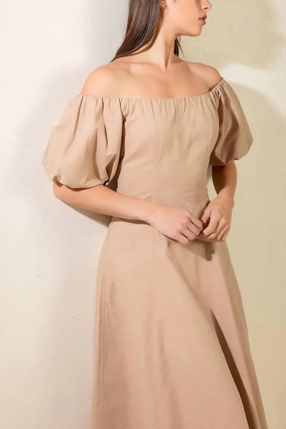 PROTECTING MY PEACE TAUPE WOVEN MIDI DRESS - Flying Tomato - Flyclothing LLC