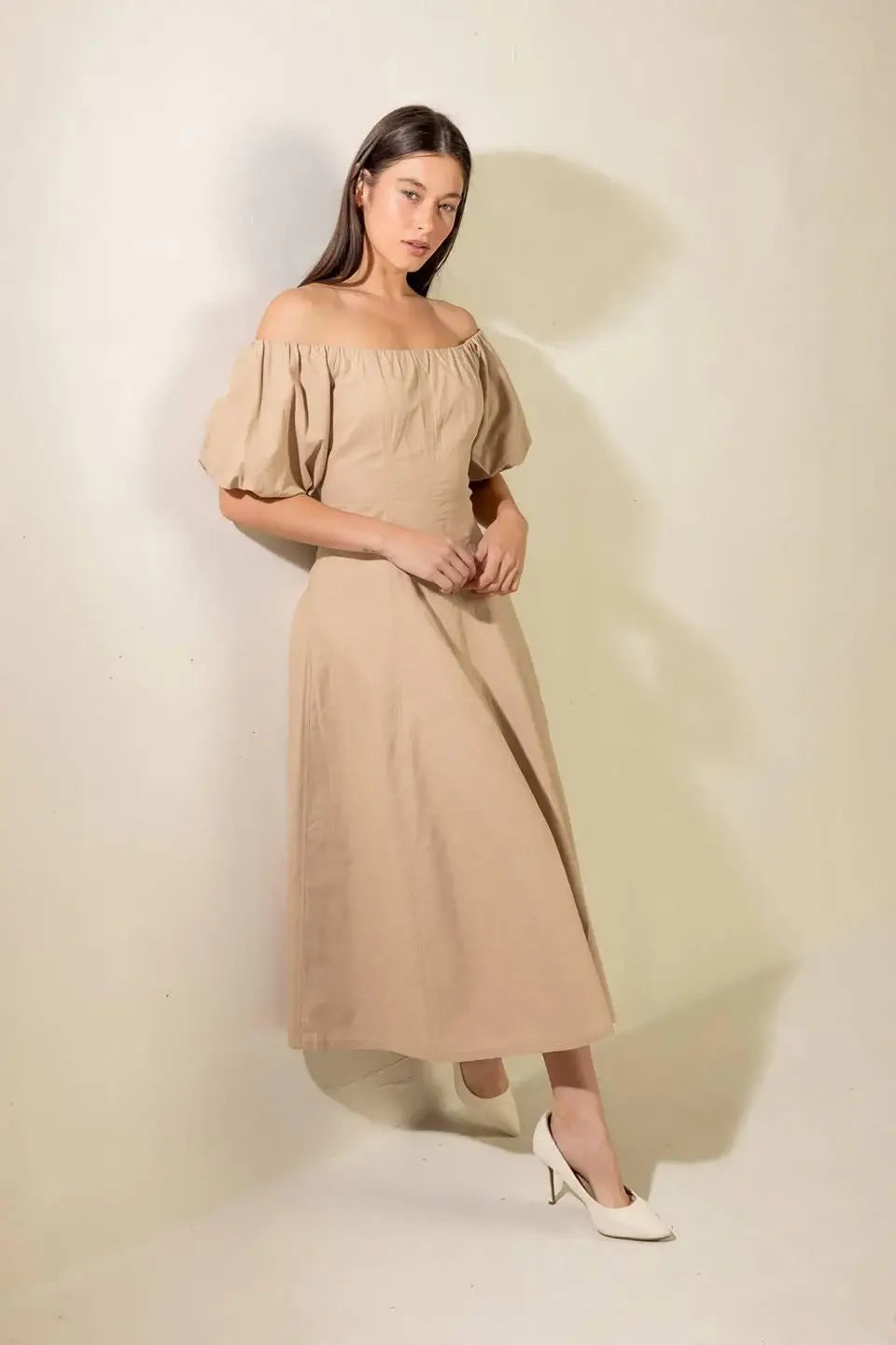 PROTECTING MY PEACE TAUPE WOVEN MIDI DRESS - Flying Tomato - Flyclothing LLC