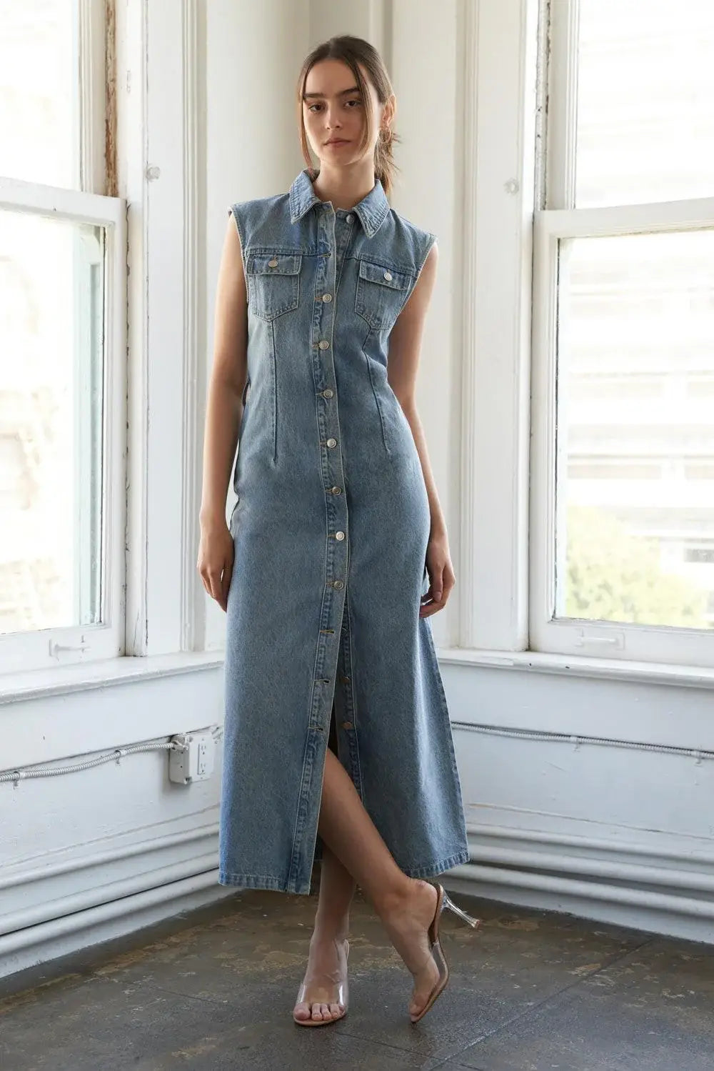 JUST FOLLOW ME DENIM MIDI DRESS - Flying Tomato - Flyclothing LLC