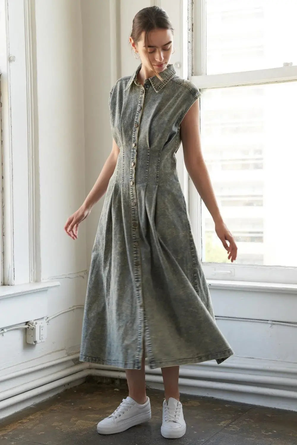 SUNSHINE SQUEEZE DENIM MIDI DRESS - Flying Tomato - Flyclothing LLC
