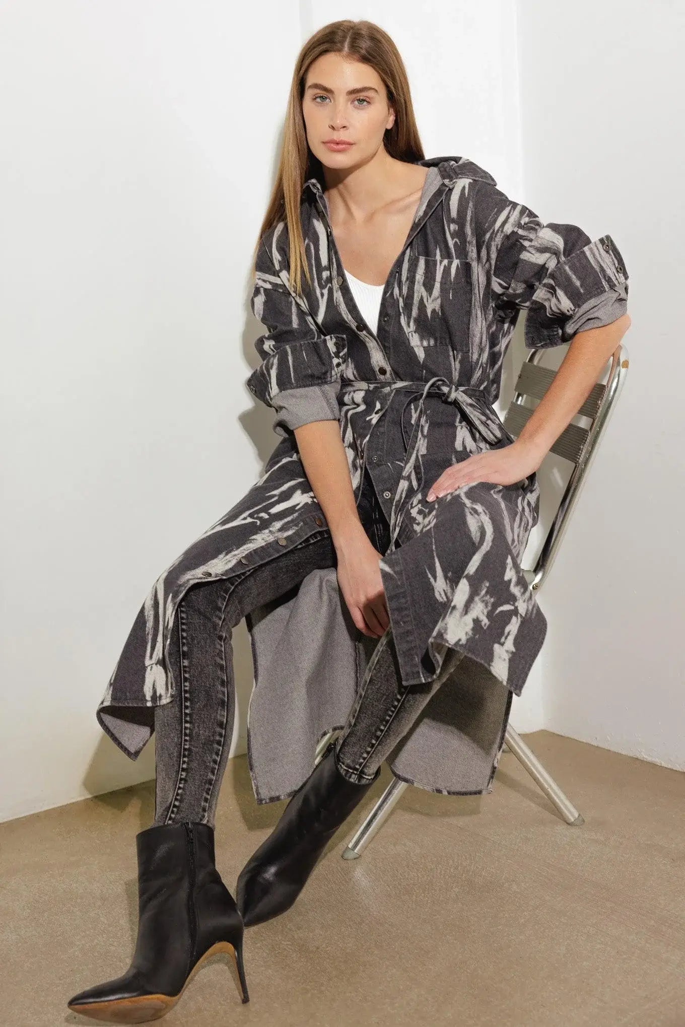 HERE & NOW WOVEN DENIM MIDI SHIRT DRESS - Flying Tomato - Flyclothing LLC