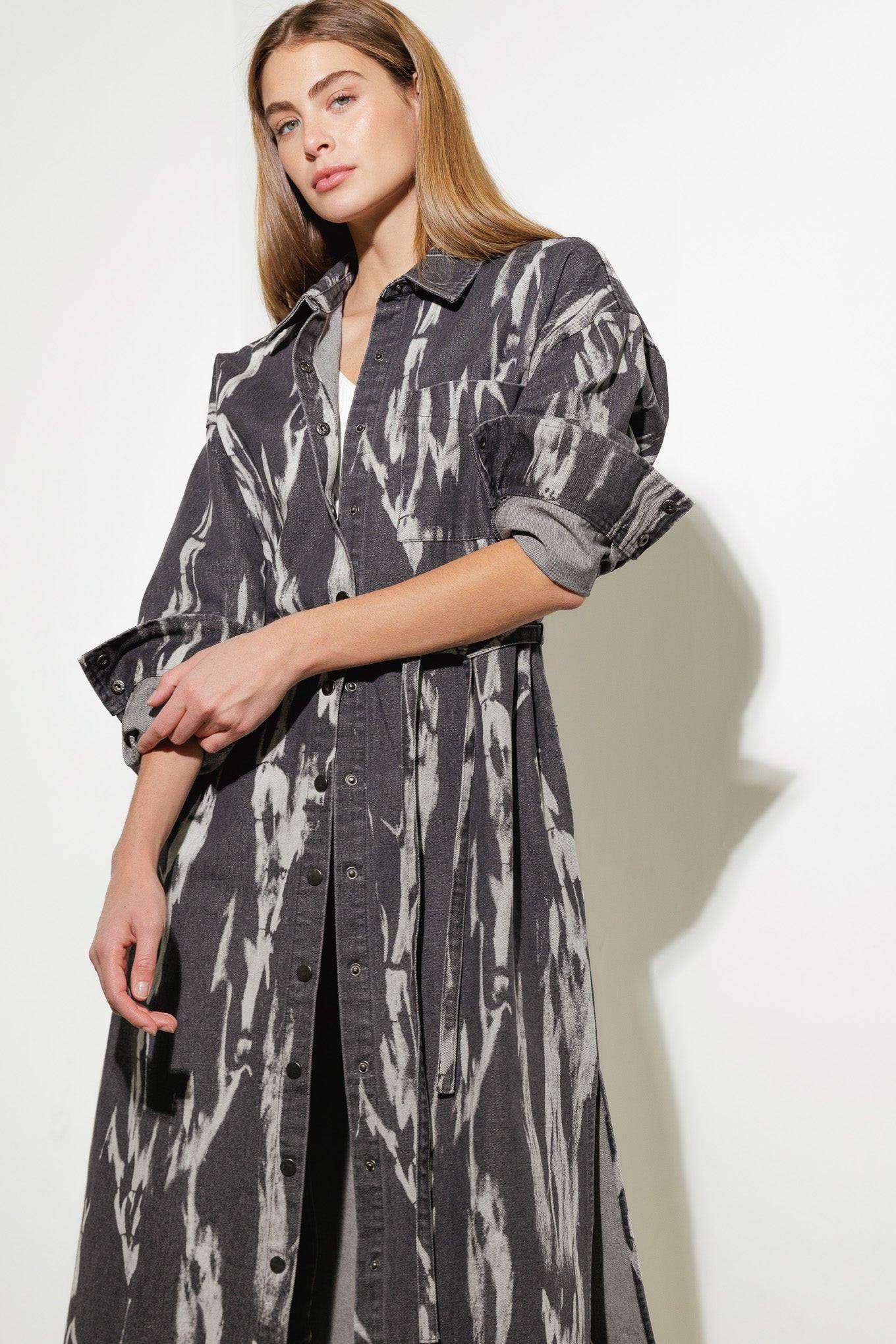 HERE & NOW WOVEN DENIM MIDI SHIRT DRESS - Flying Tomato - Flyclothing LLC