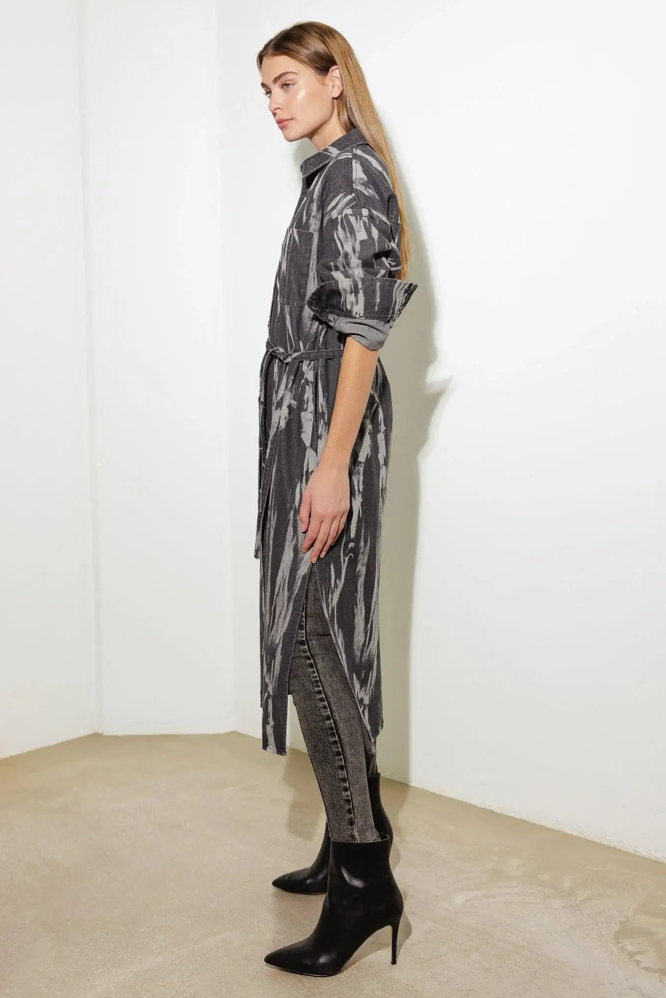 HERE & NOW WOVEN DENIM MIDI SHIRT DRESS - Flying Tomato - Flyclothing LLC