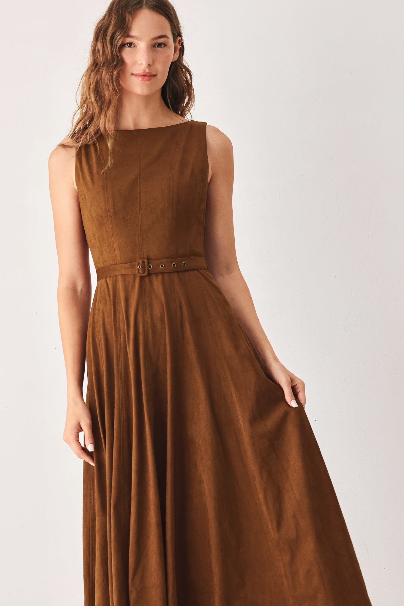 AMBER TOBACCO FAUX SUEDE MIDI DRESS