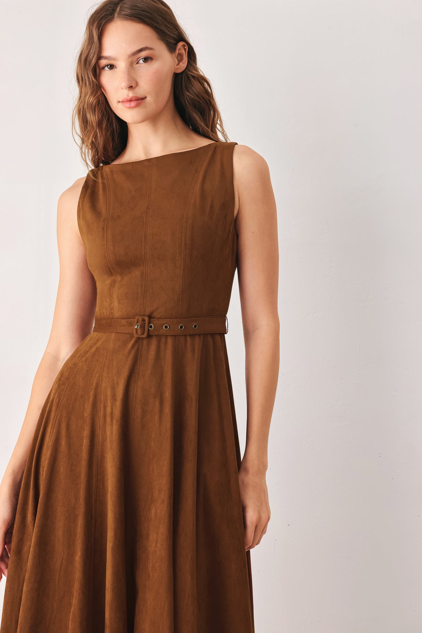 AMBER TOBACCO FAUX SUEDE MIDI DRESS