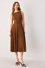 AMBER TOBACCO FAUX SUEDE MIDI DRESS