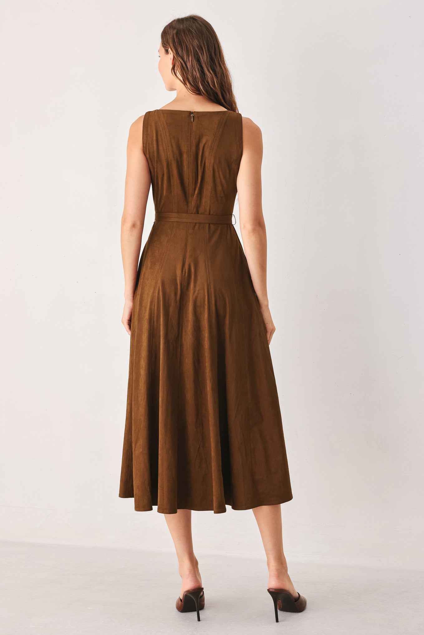 AMBER TOBACCO FAUX SUEDE MIDI DRESS