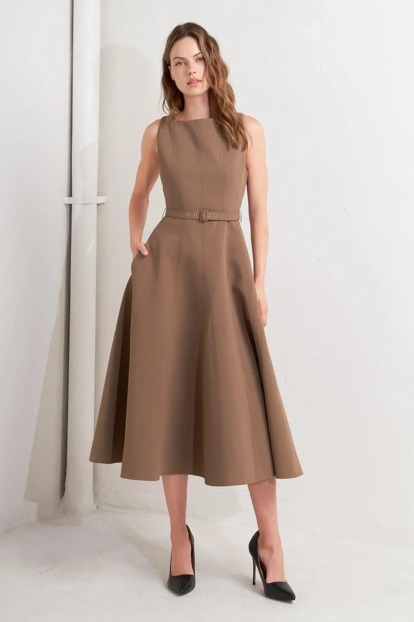 LIVING THE DREAM BROWN WOVEN MIDI DRESS - Flying Tomato - Flyclothing LLC