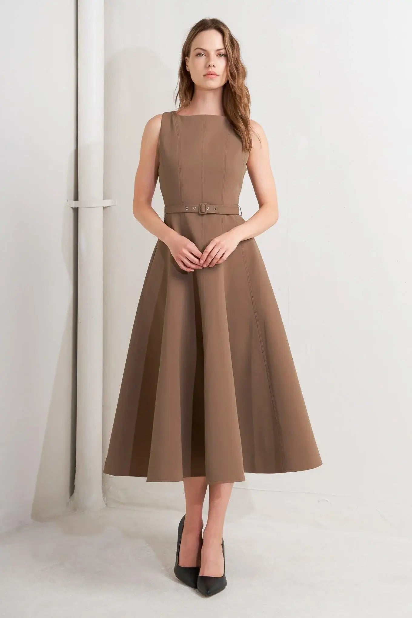 LIVING THE DREAM BROWN WOVEN MIDI DRESS - Flying Tomato - Flyclothing LLC