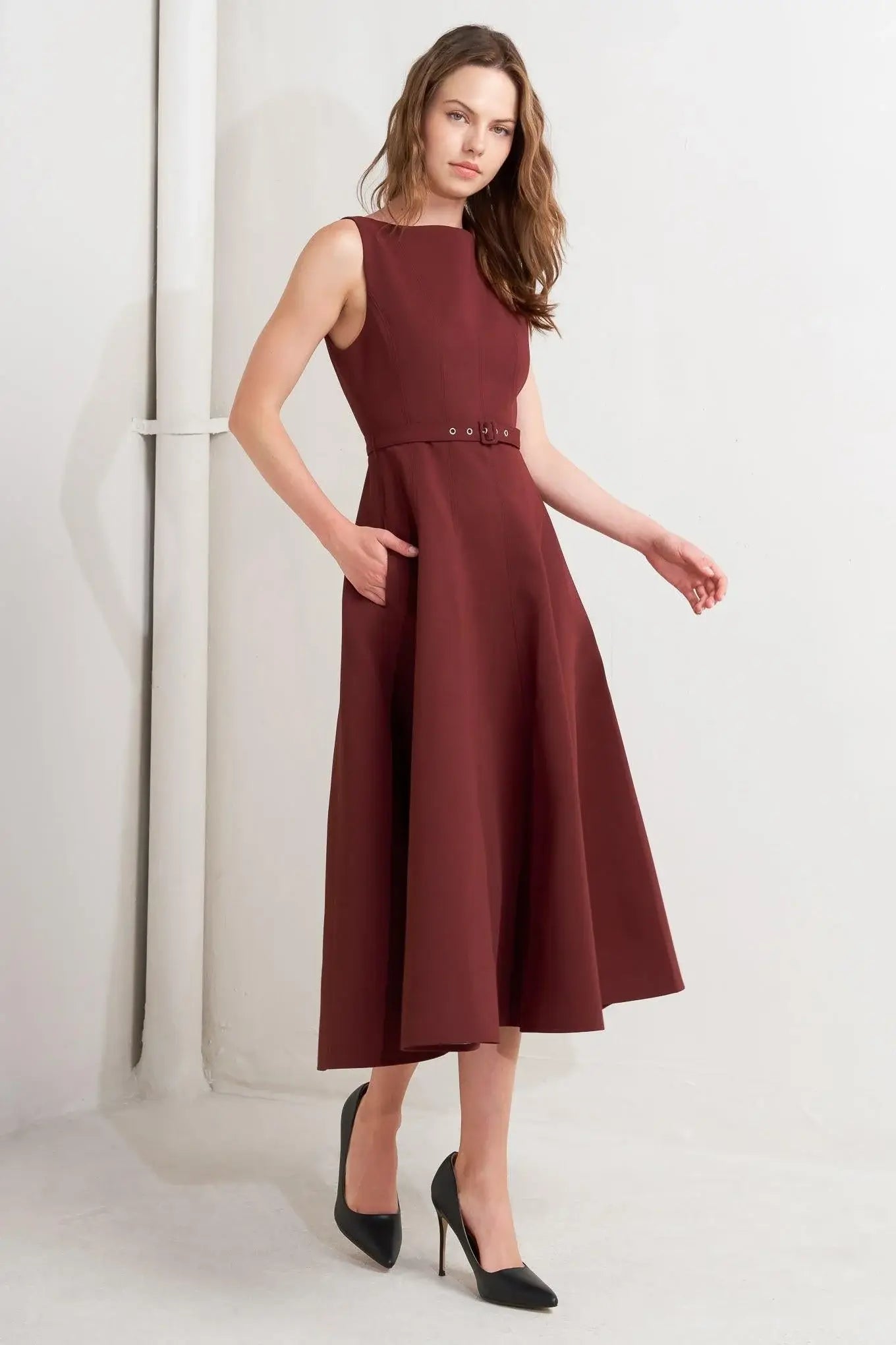 LIVING THE DREAM WINE WOVEN MIDI DRESS - Flying Tomato - Flyclothing LLC