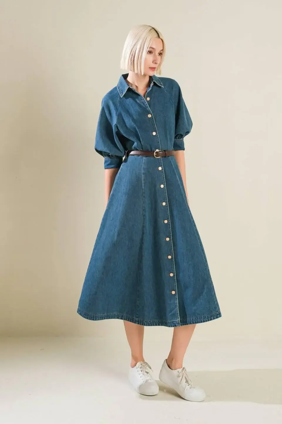 DIVIDE AND CONTOUR DENIM MIDI DRESS - Flying Tomato - Flyclothing LLC
