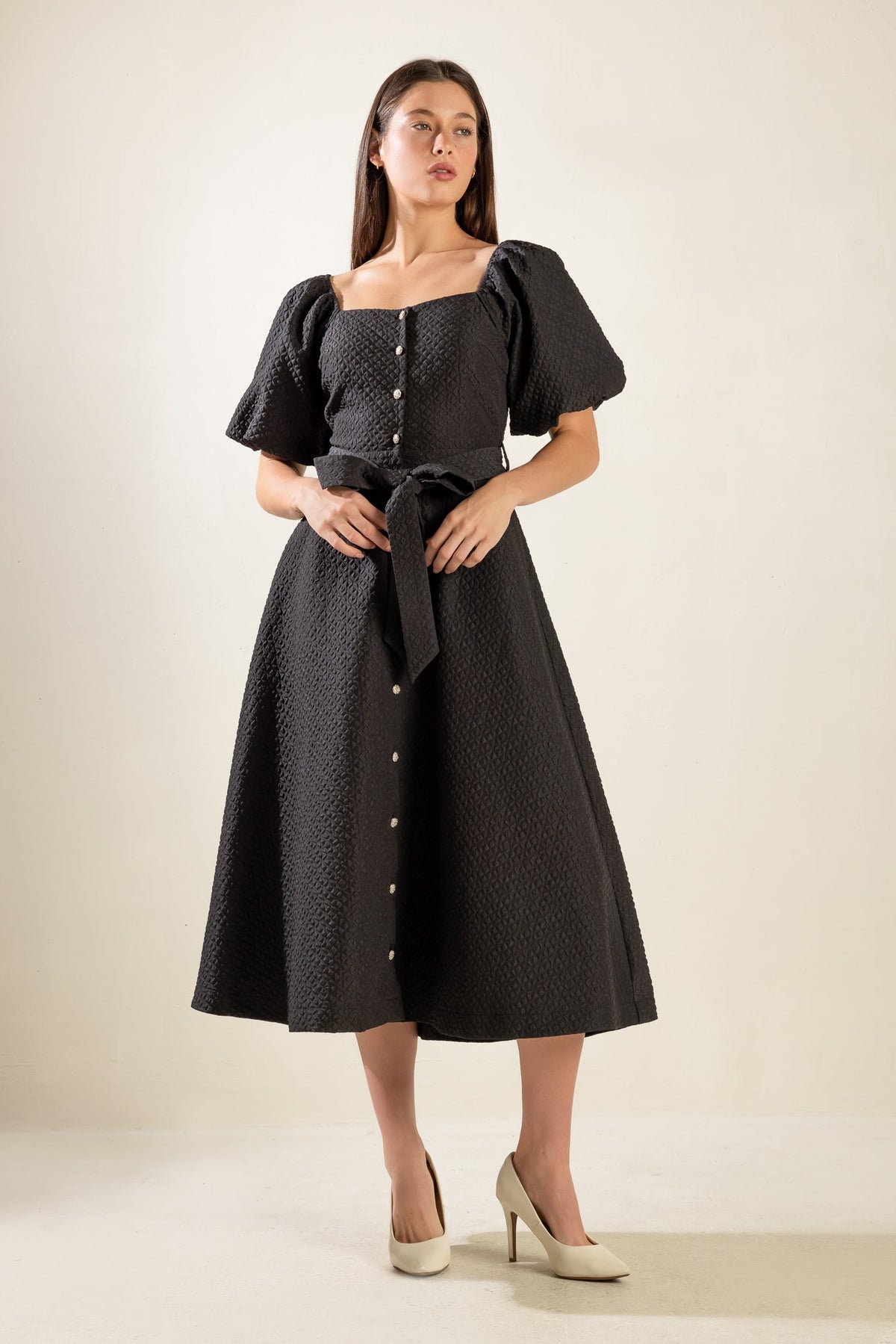 NOIR HERITAGE BLACK TEXTURED BUTTON-FRONT BELTED MIDI DRESS - Flying Tomato - Flyclothing LLC