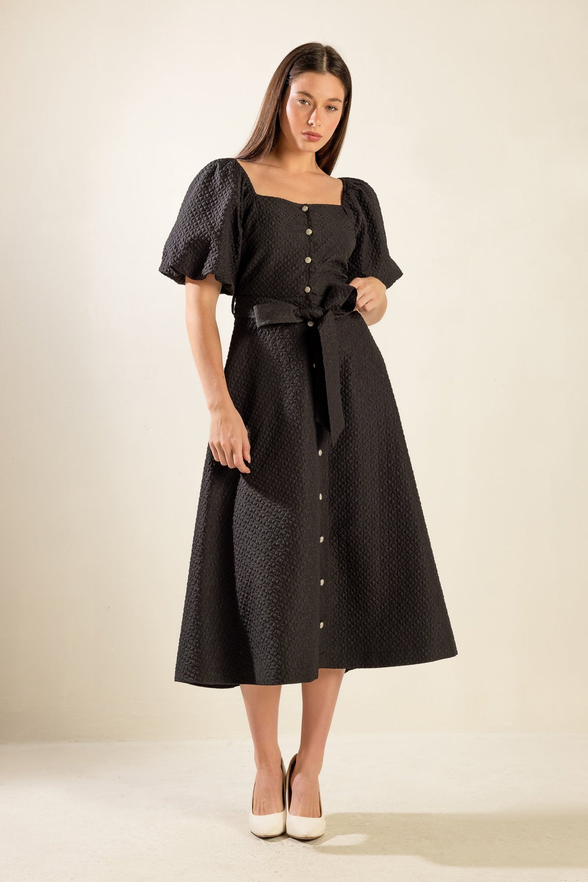 NOIR HERITAGE BLACK TEXTURED BUTTON-FRONT BELTED MIDI DRESS - Flying Tomato - Flyclothing LLC