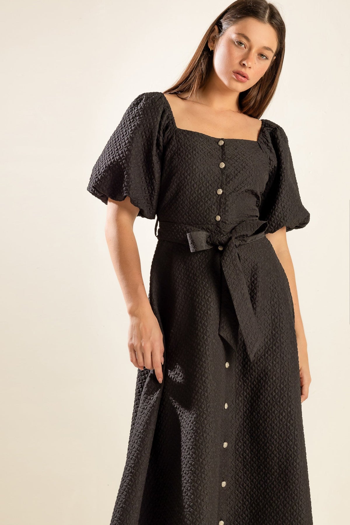 NOIR HERITAGE BLACK TEXTURED BUTTON-FRONT BELTED MIDI DRESS - Flying Tomato - Flyclothing LLC