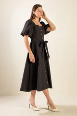 NOIR HERITAGE BLACK TEXTURED BUTTON-FRONT BELTED MIDI DRESS - Flying Tomato - Flyclothing LLC