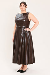 DARK TRUFFLE FAUX LEATHER MIDI DRESS