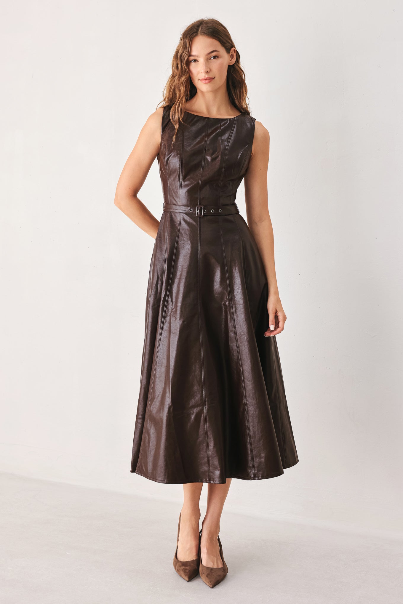 DARK TRUFFLE FAUX LEATHER MIDI DRESS