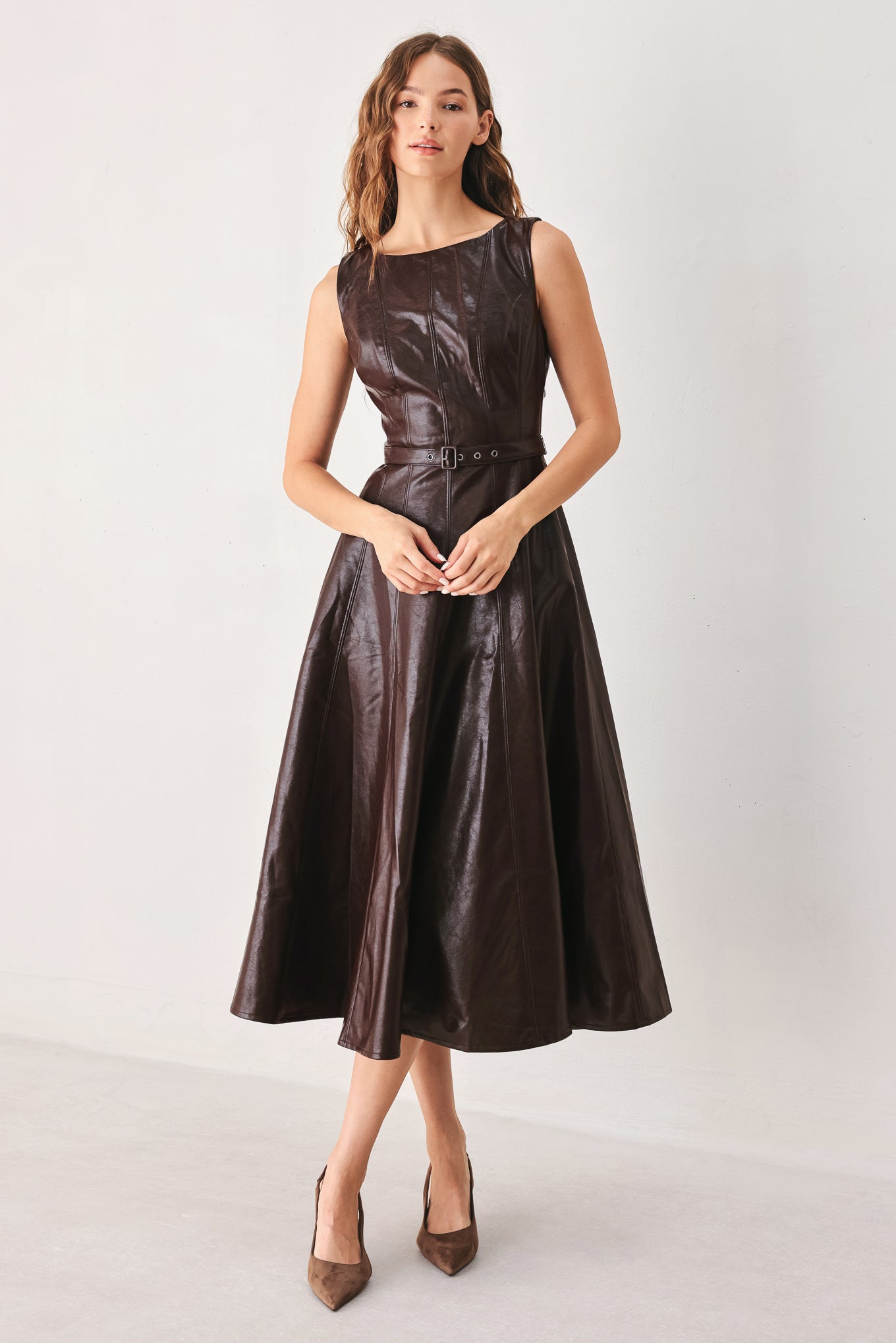 DARK TRUFFLE FAUX LEATHER MIDI DRESS