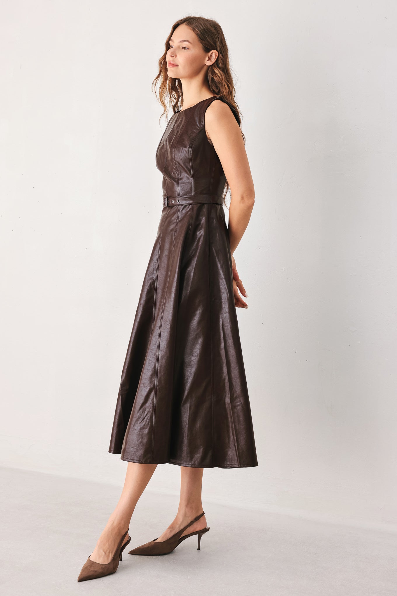 DARK TRUFFLE FAUX LEATHER MIDI DRESS