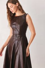 DARK TRUFFLE FAUX LEATHER MIDI DRESS