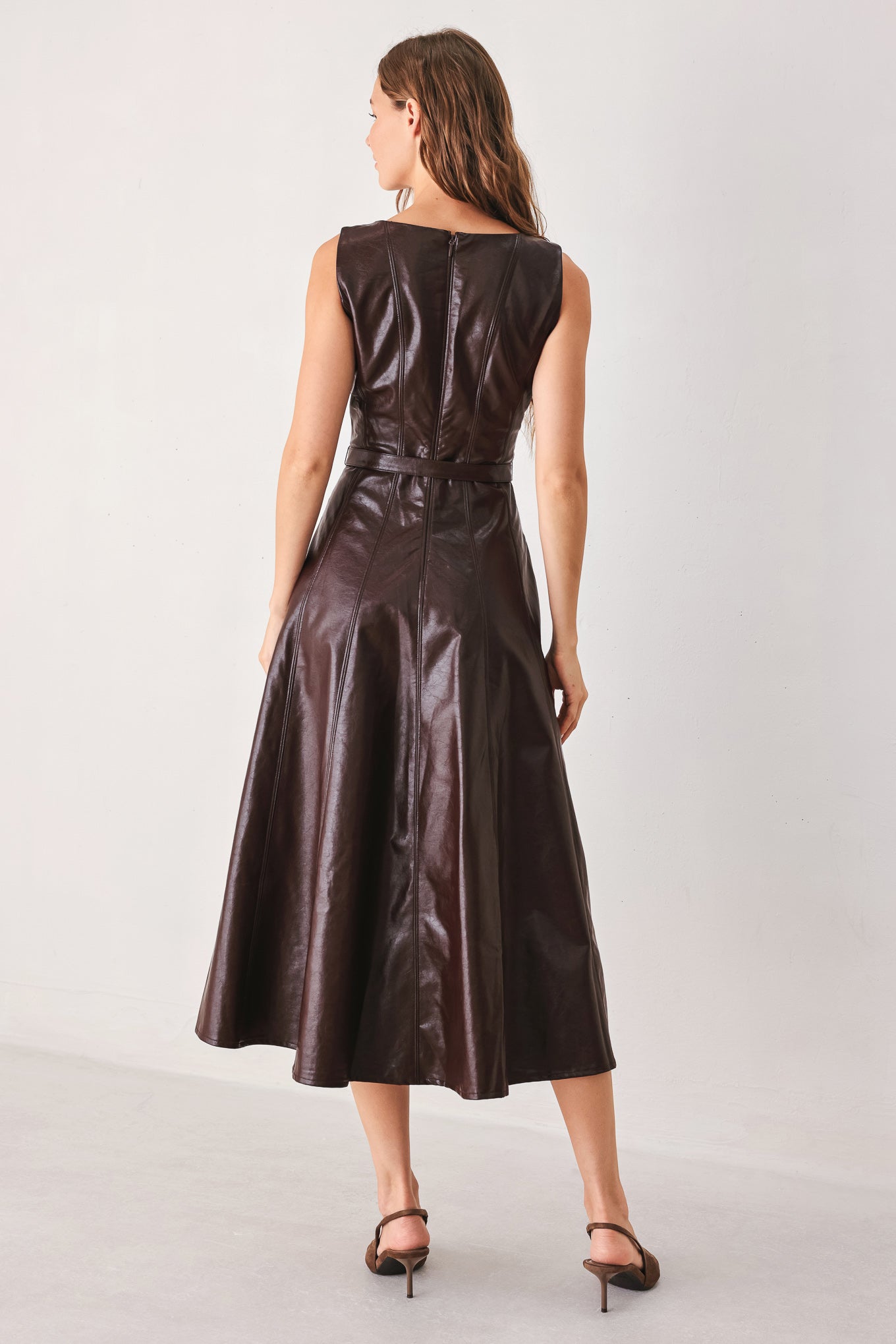 DARK TRUFFLE FAUX LEATHER MIDI DRESS