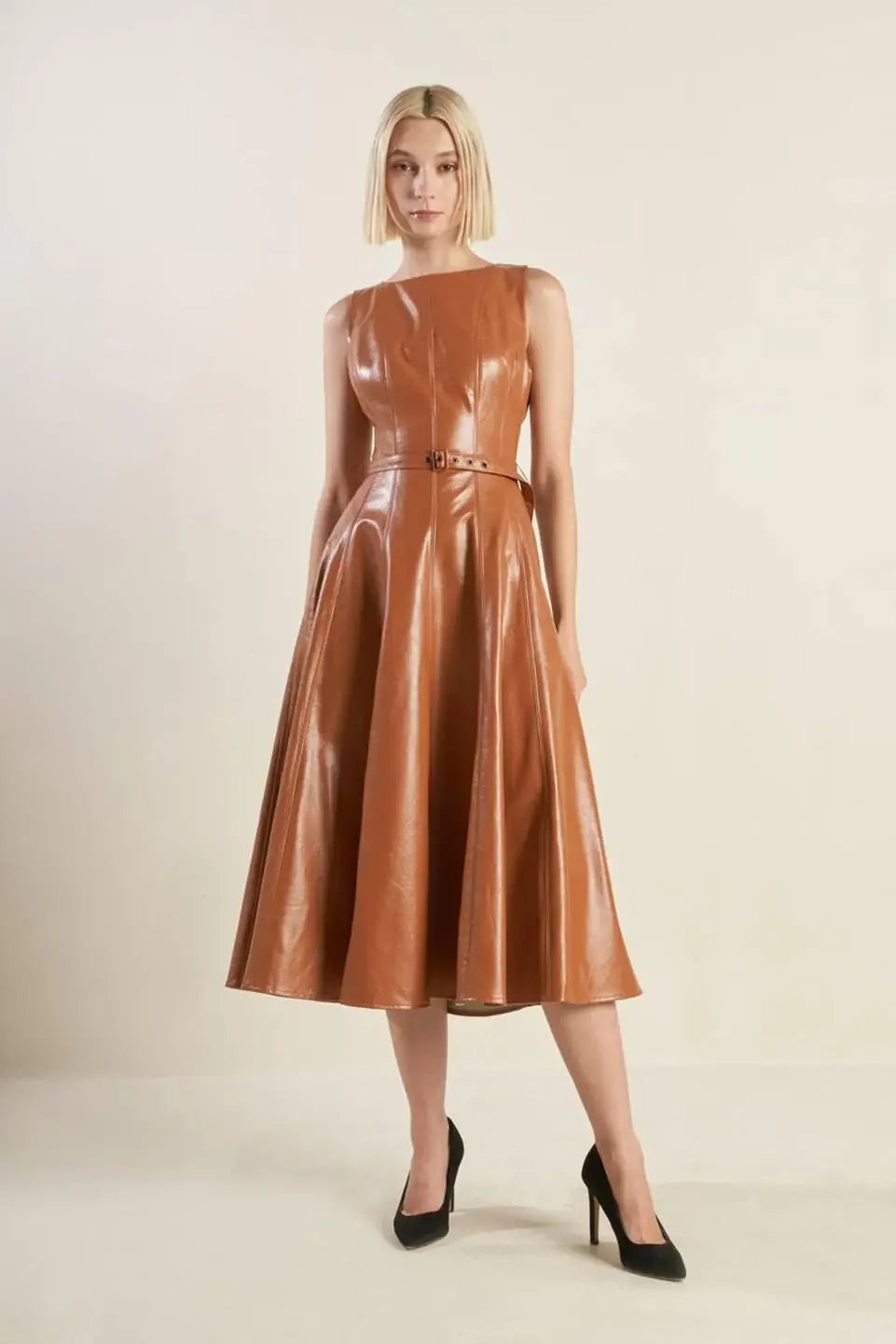 LUNAR SYMPHONY FAUX LEATHER MIDI DRESS - Flying Tomato - Flyclothing LLC
