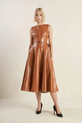 LUNAR SYMPHONY FAUX LEATHER MIDI DRESS - Flying Tomato - Flyclothing LLC