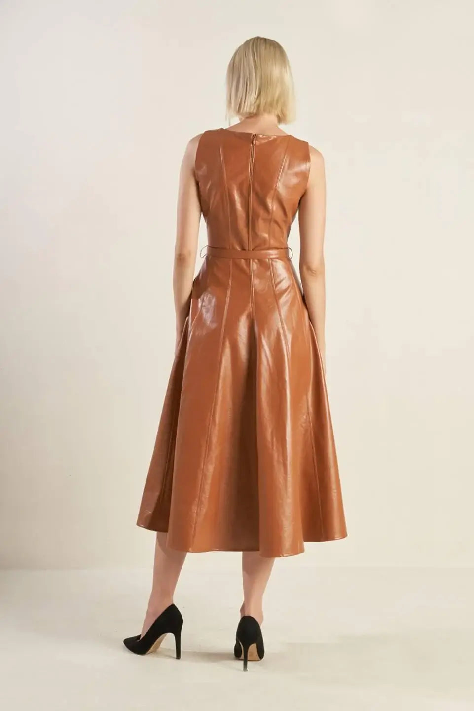 LUNAR SYMPHONY FAUX LEATHER MIDI DRESS - Flying Tomato - Flyclothing LLC