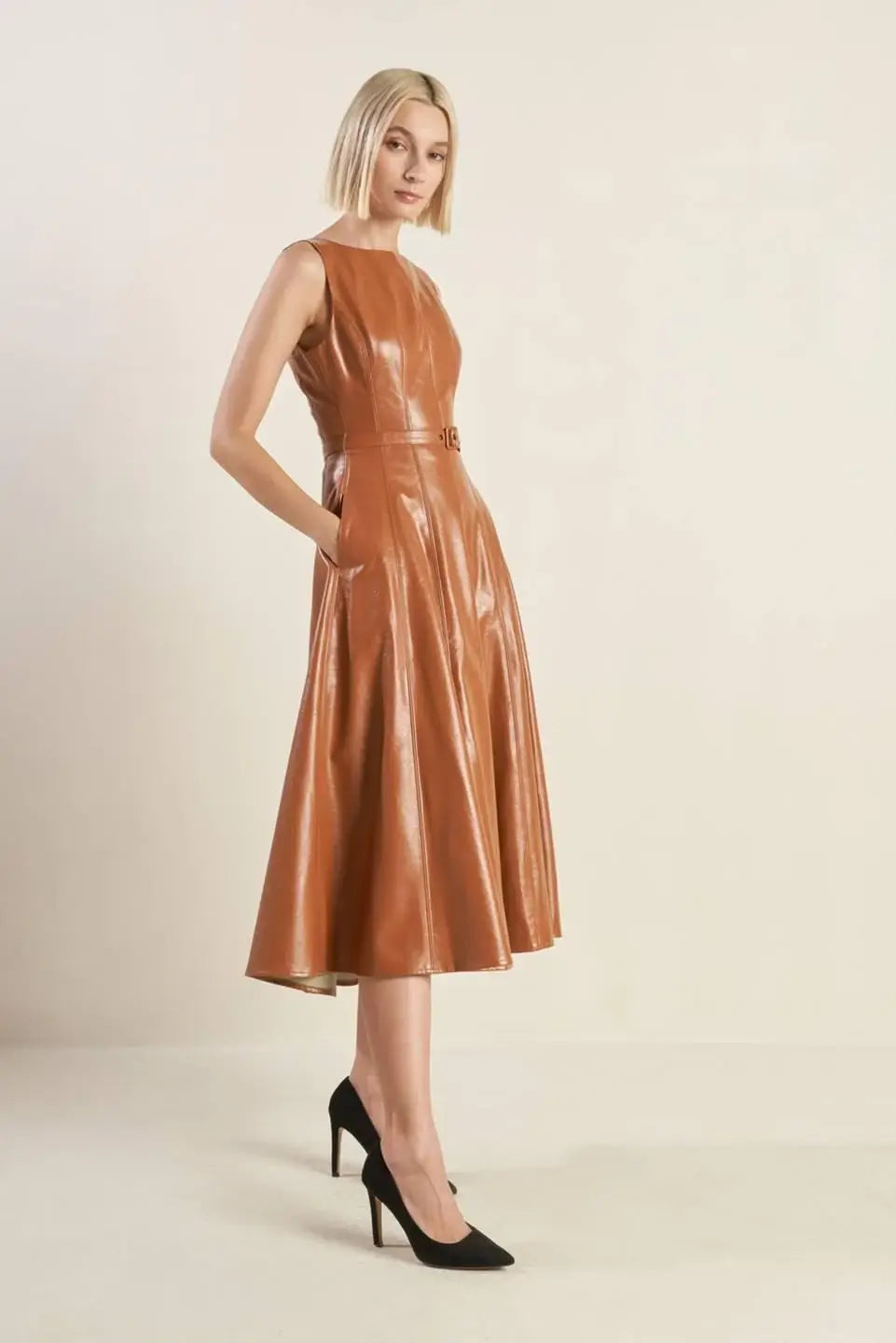 LUNAR SYMPHONY FAUX LEATHER MIDI DRESS - Flying Tomato - Flyclothing LLC