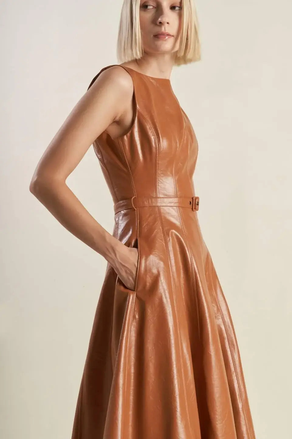 LUNAR SYMPHONY FAUX LEATHER MIDI DRESS - Flying Tomato - Flyclothing LLC