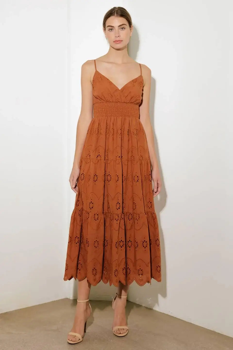 LUMINOUS BLISS WOVEN EYELET MIDI DRESS - Flying Tomato - Flyclothing LLC
