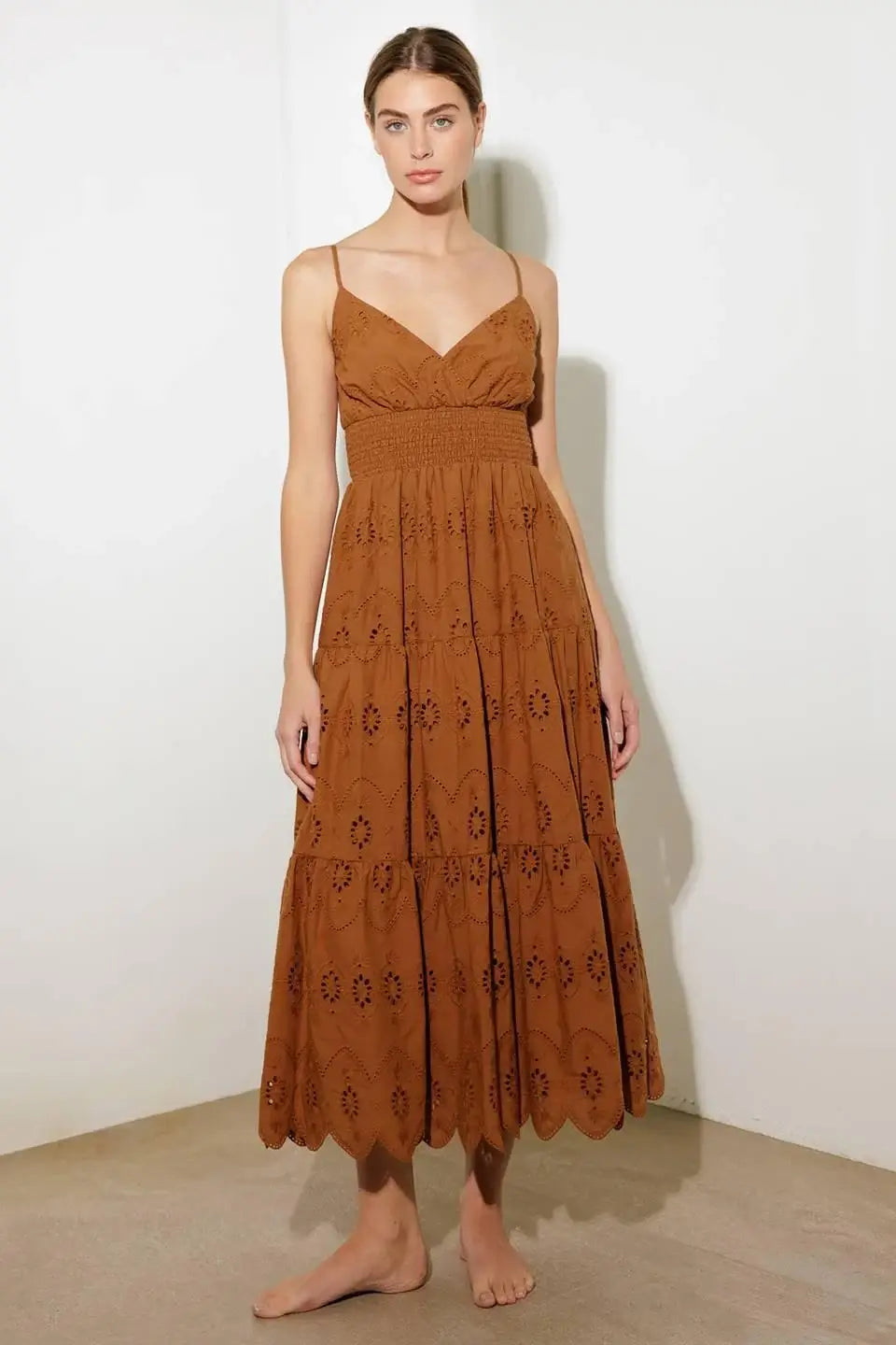 LUMINOUS BLISS WOVEN EYELET MIDI DRESS - Flying Tomato - Flyclothing LLC