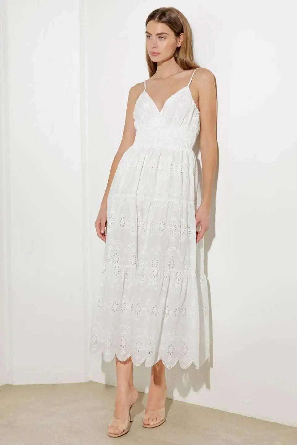 LUMINOUS BLISS WOVEN EYELET MIDI DRESS - Flying Tomato - Flyclothing LLC