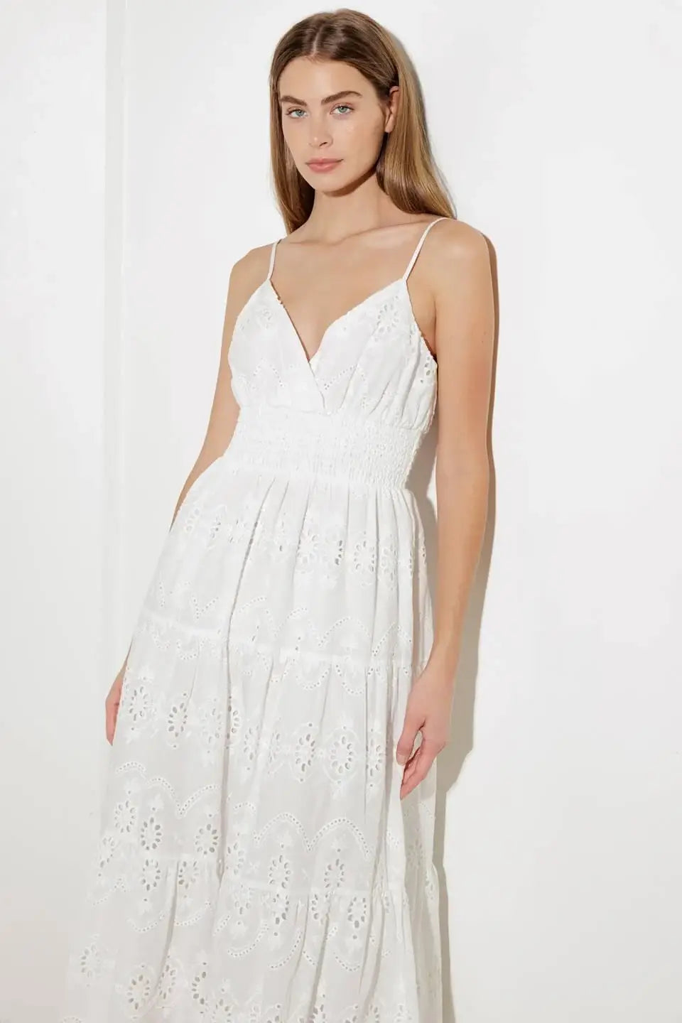 LUMINOUS BLISS WOVEN EYELET MIDI DRESS - Flying Tomato - Flyclothing LLC