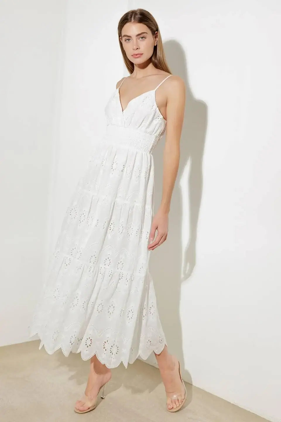LUMINOUS BLISS WOVEN EYELET MIDI DRESS - Flying Tomato - Flyclothing LLC