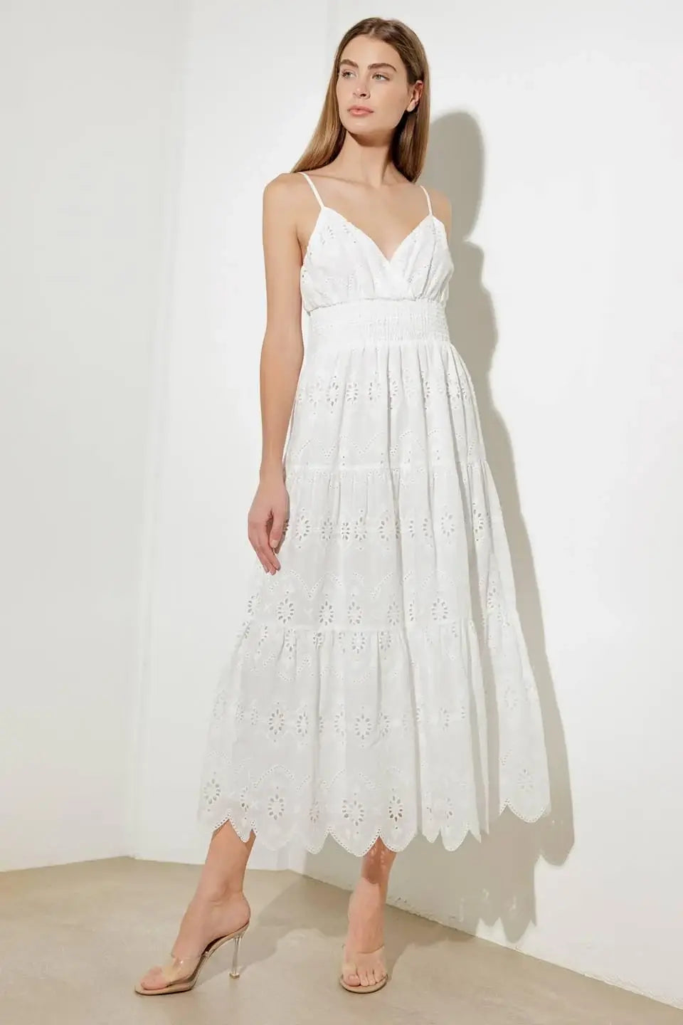 LUMINOUS BLISS WOVEN EYELET MIDI DRESS - Flying Tomato - Flyclothing LLC