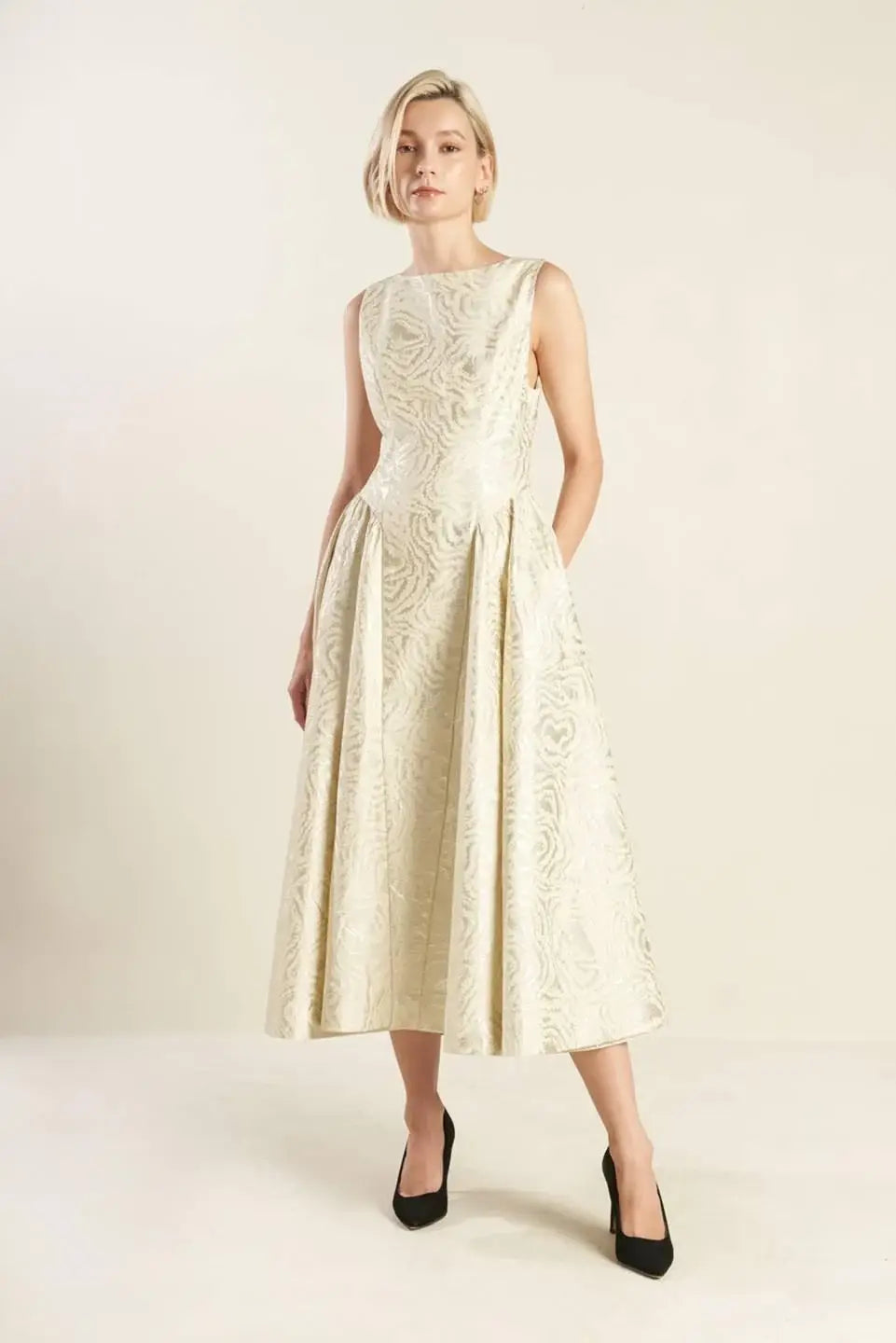 CHECK YOURSELF CHAMPAGNE WOVEN MIDI DRESS - Flying Tomato - Flyclothing LLC