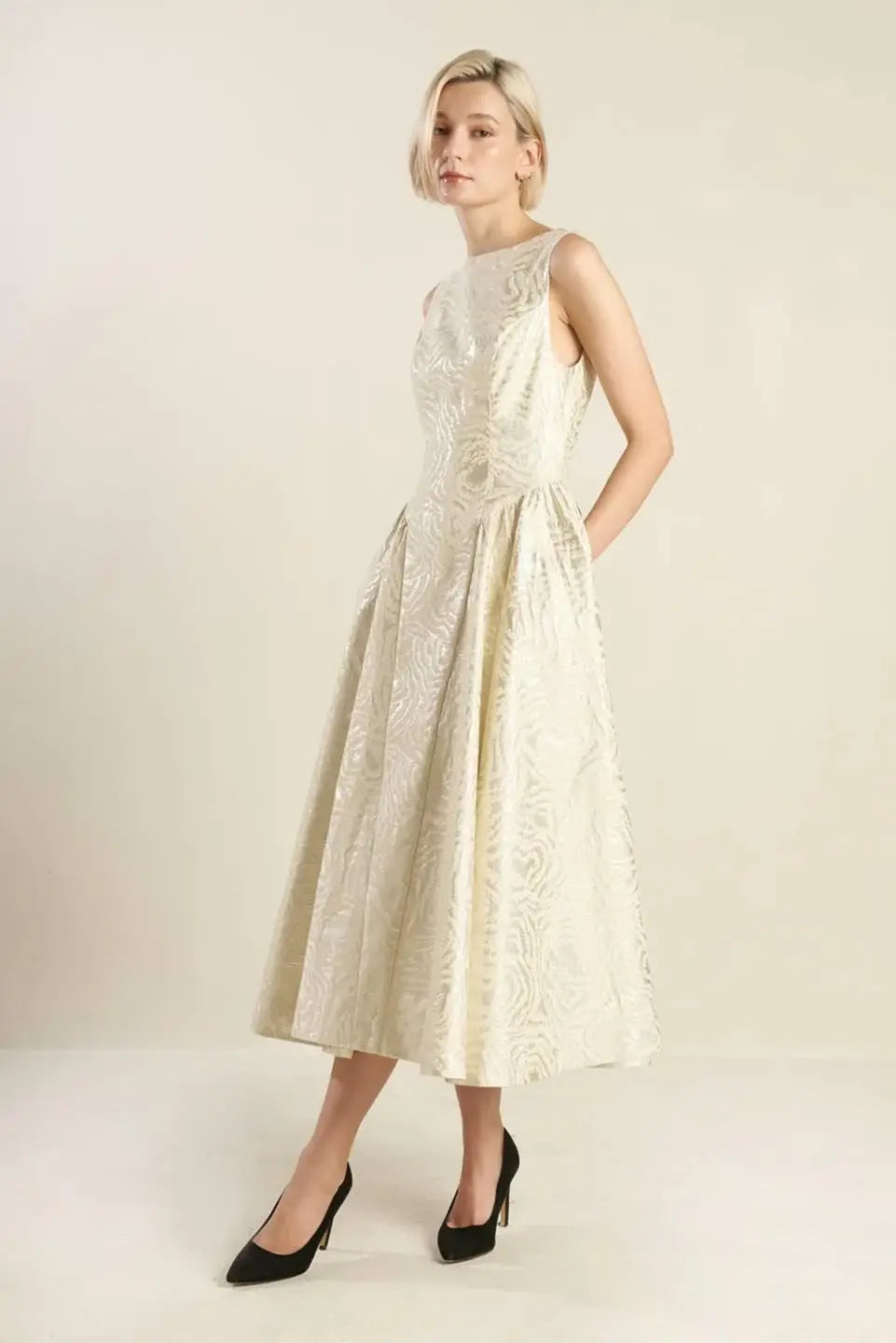 CHECK YOURSELF CHAMPAGNE WOVEN MIDI DRESS - Flying Tomato - Flyclothing LLC