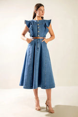 CLASSIC WITH A TWIST DENIM MIDI DRESS - Flying Tomato - Flyclothing LLC