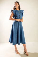 CLASSIC WITH A TWIST DENIM MIDI DRESS - Flying Tomato - Flyclothing LLC