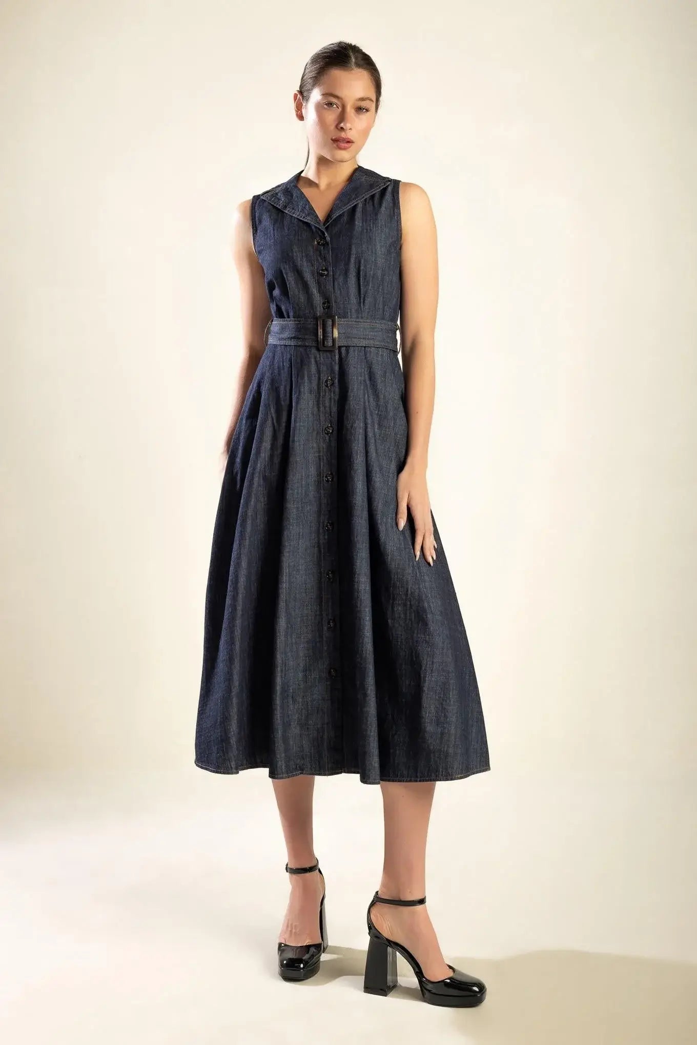 OASIS OF CALM RIGID DENIM MIDI DRESS - Flying Tomato - Flyclothing LLC